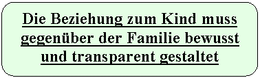 Abgerundetes Rechteck: Die Beziehung zum Kind muss gegen&uuml;ber der Familie bewusst und transparent gestaltet werden!